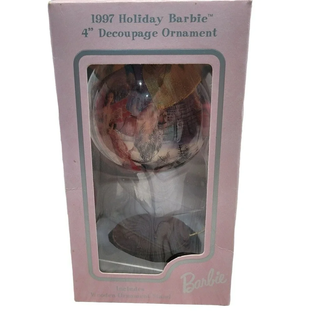 Barbie Christmas Ornament Pink Holiday Decoupage Stand Doll Red Ribbon‎ Dress 97